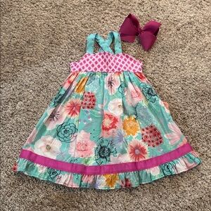 Matilda Jane Heads Up Seven Up Floral Twirl Dress size 4 with a matching bow EUC